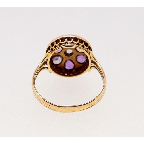 370 - A Victorian 18 carat gold amethyst and diamond cluster ring, size I