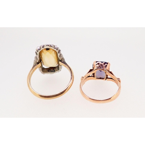 371 - A gold ring set amethyst with Egyptian marks for 18ct, 1.8g, size M and a citrine and marcasite ring... 