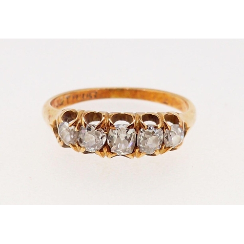 377 - A Victorian 18 carat gold five stone diamond ring, size M to N, 2.8g