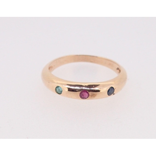 378 - A gold plated ring set green, red, and blue stones, size Q