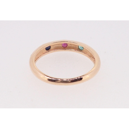 378 - A gold plated ring set green, red, and blue stones, size Q