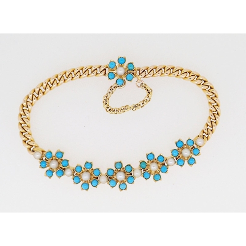 392 - An Edwardian 18ct gold turquoise and pearl bracelet, with five flower head form clusters and clasp o... 