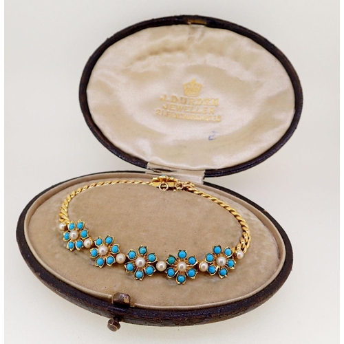 392 - An Edwardian 18ct gold turquoise and pearl bracelet, with five flower head form clusters and clasp o... 