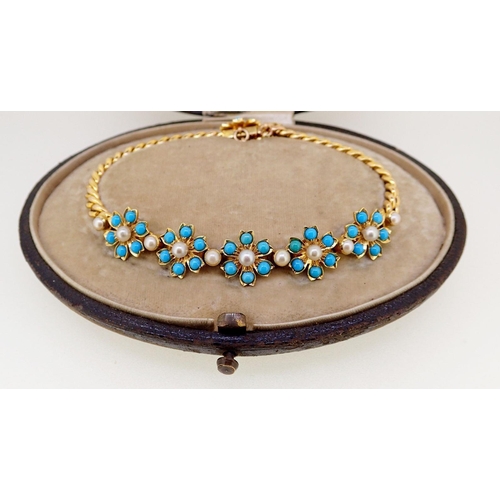 392 - An Edwardian 18ct gold turquoise and pearl bracelet, with five flower head form clusters and clasp o... 