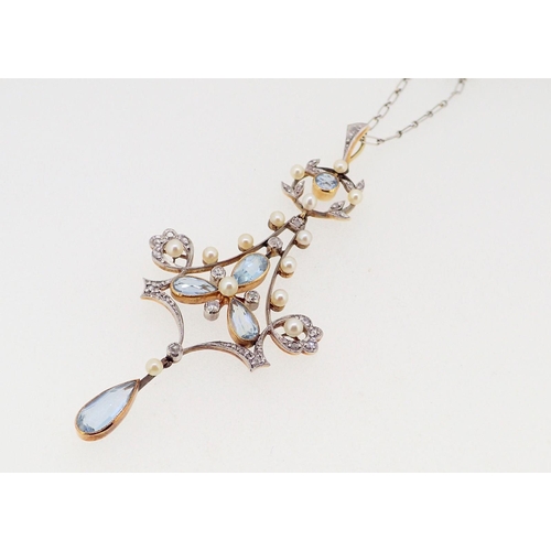 393 - An Edwardian fine aquamarine, diamond and pearl set pendant necklace on chain, 6.5g, 6.5cm drop on o... 