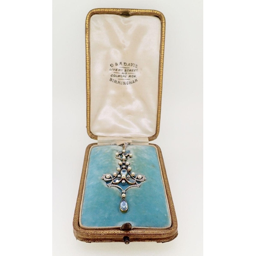 393 - An Edwardian fine aquamarine, diamond and pearl set pendant necklace on chain, 6.5g, 6.5cm drop on o... 