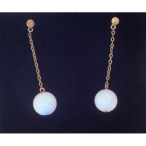 397 - A pair of 18 carat gold and opal bead pendant earrings, 2.8cm drop