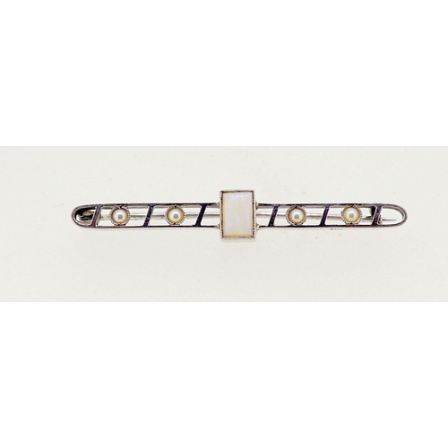 408 - An Art Deco 9ct white gold brooch set pearls and opal, 4.5cm long