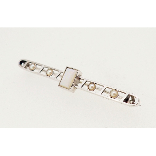 408 - An Art Deco 9ct white gold brooch set pearls and opal, 4.5cm long