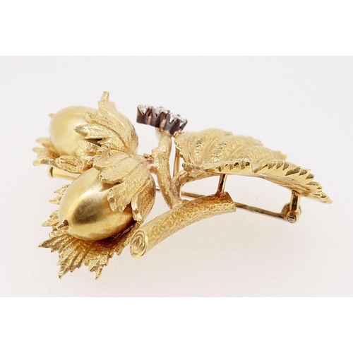 409 - An 18 carat gold Copp & Farr nut and leaf brooch set three diamonds, marked C&F, 22.5g, 4.5 x 4cm