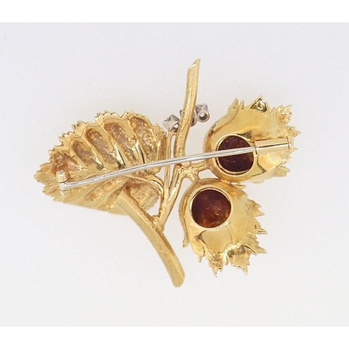 409 - An 18 carat gold Copp & Farr nut and leaf brooch set three diamonds, marked C&F, 22.5g, 4.5 x 4cm