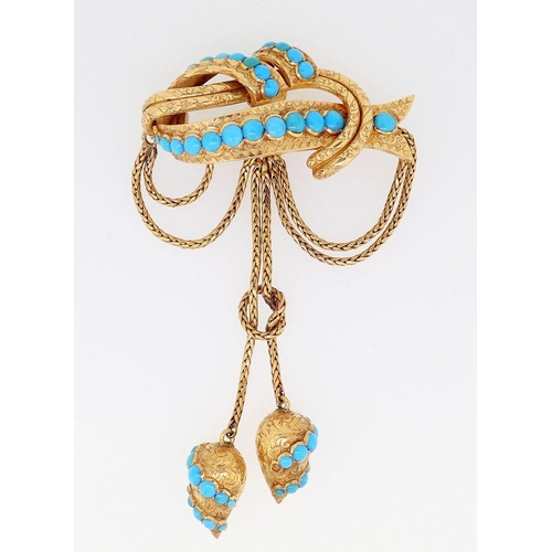 411 - A Victorian gold large pendant brooch set turquoise, the entwined ribbon and bar with double chain s... 