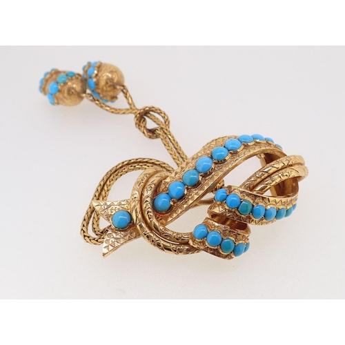 411 - A Victorian gold large pendant brooch set turquoise, the entwined ribbon and bar with double chain s... 