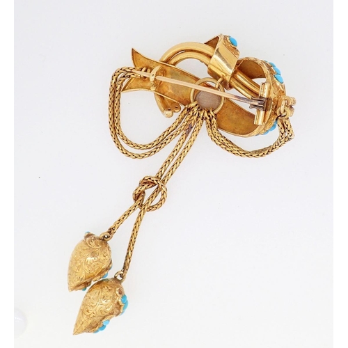 411 - A Victorian gold large pendant brooch set turquoise, the entwined ribbon and bar with double chain s... 