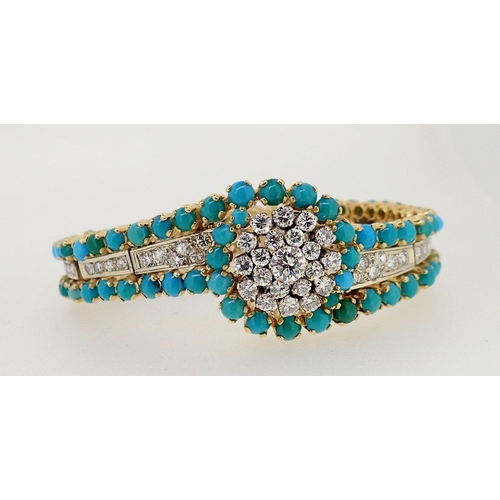 415 - A fine quality turquoise and diamond set bracelet unmarked but thought to be 18 carat gold, the cent...