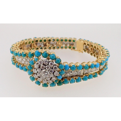 415 - A fine quality turquoise and diamond set bracelet unmarked but thought to be 18 carat gold, the cent... 