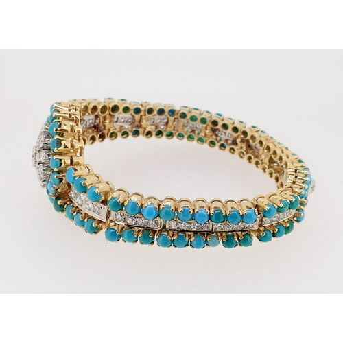 415 - A fine quality turquoise and diamond set bracelet unmarked but thought to be 18 carat gold, the cent... 