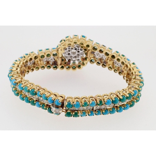 415 - A fine quality turquoise and diamond set bracelet unmarked but thought to be 18 carat gold, the cent... 