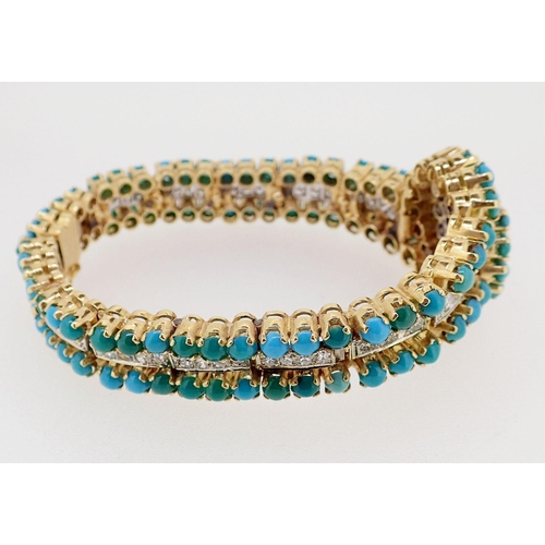 415 - A fine quality turquoise and diamond set bracelet unmarked but thought to be 18 carat gold, the cent... 