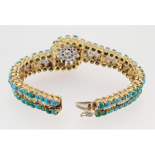 415 - A fine quality turquoise and diamond set bracelet unmarked but thought to be 18 carat gold, the cent... 