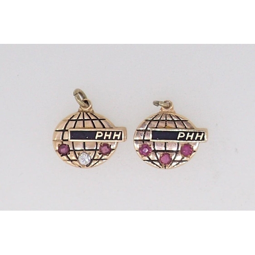 426 - Two 14ct gold PHH diamond and ruby charms, Birmingham 1989, by TK & S, 5.7g