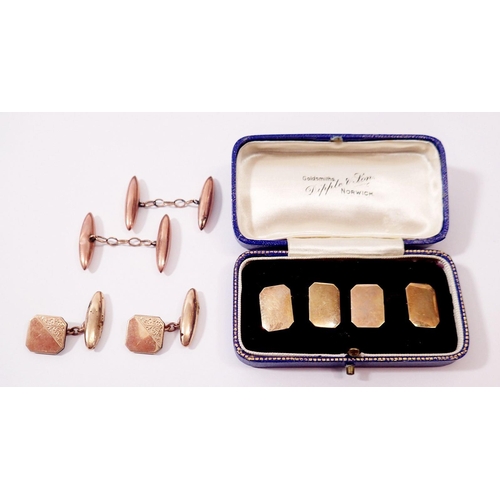 432 - A pair of 9 carat gold cufflinks, 5.2g, a 9 carat torpedo pair of gold cufflinks, 3.9g and a gold pl... 