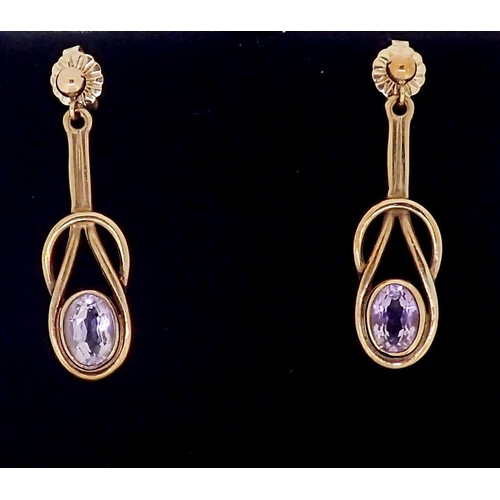 437 - A pair of 9 carat gold Art Nouveau style earrings by Ortak, 3.3g, 3cm drop