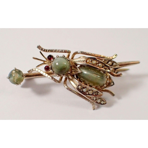 448 - A 900 standard silver insect brooch set stones and seed pearls, 4.5cm