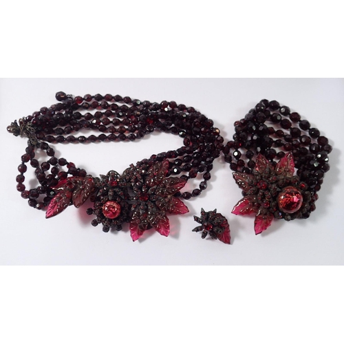 450 - A Miriam Haskell vintage red glass bead necklace and bracelet with leaf and flower design