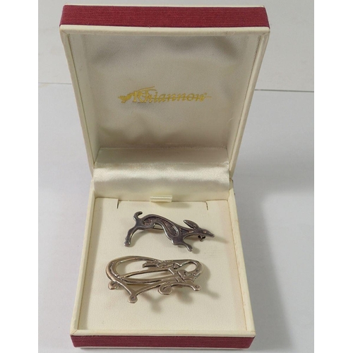 453 - Two silver brooches including one of a hare by Rhiannon Evans, boxed