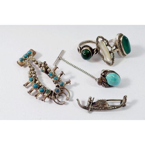 457 - Three silver rings, a silver marcaste gondola brooch, white metal tie pin and white metal turquoise ... 