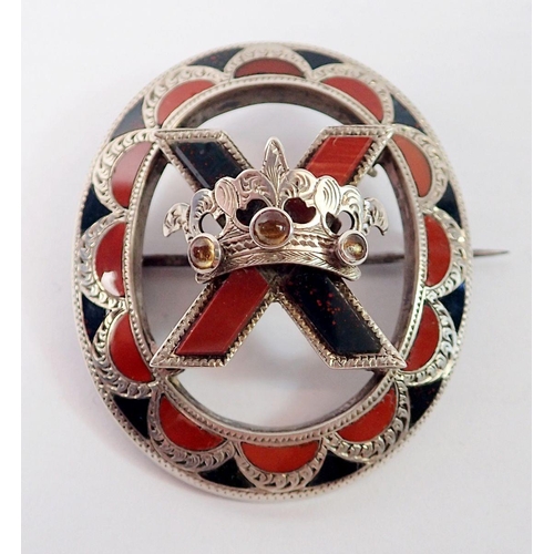 459 - A Scottish stone set Celtic silver brooch with coronet, 4.5 x 4cm