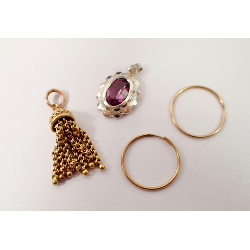 460 - A yellow metal tassel pendant, a pair of 9 carat gold sleeper earrings and a silver and amethyst pen... 