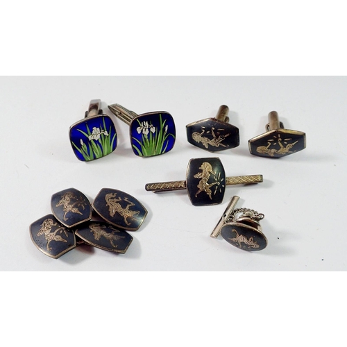 471 - A box of silver cufflinks including a pair of Sinto enamel Iris cufflinks