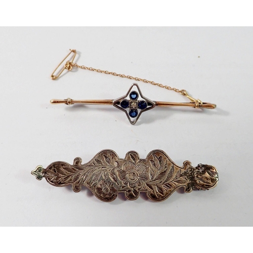 476 - A 9 carat gold bar brooch set blue and white stones and a white metal brooch