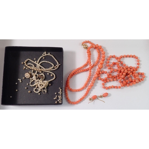 481 - Two coral bead necklaces and a pair of earrings plus seed pearl necklace