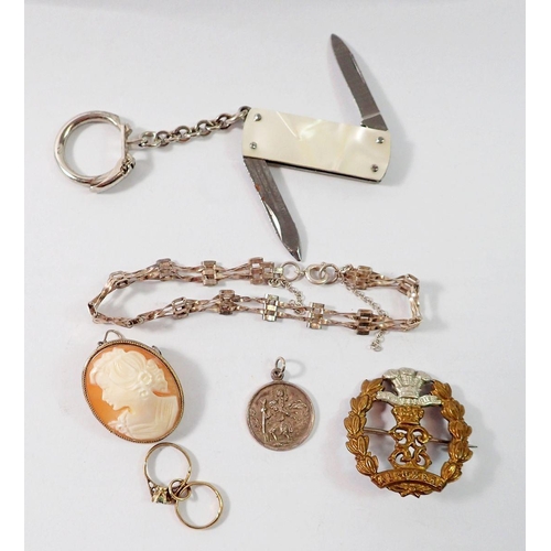 485 - A group of jewellery etc including silver bracelet, silver cameo brooch, cap badge 9ct gold ring cha... 