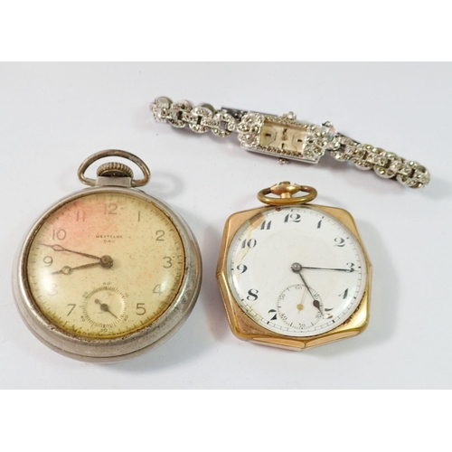 531 - An Accurist marcasite cocktail watch, a gold plated pocket watch and a Westclox pocket watch