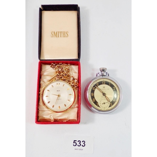 533 - A Smiths gold plated pocket watch and fob chain boxed and an Ingersol pocket watch