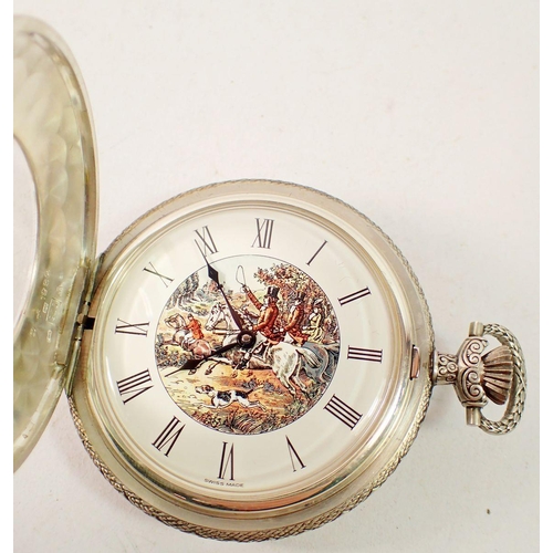 536 - A Franklin Mint silver half hunter pocket watch, boxed with paperwork and a silver fob chain, fob ch... 