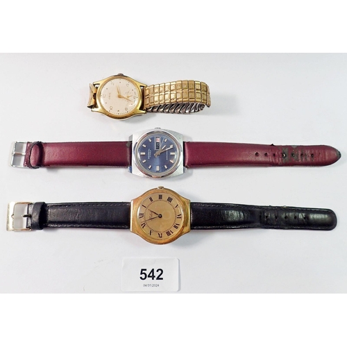 542 - An Ingersoll 17 jewel blue dial wrist watch, an Oris watch and one other