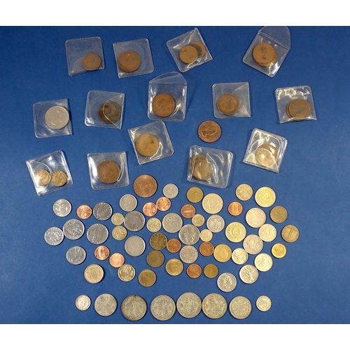 561 - A small collection of British and World coinage, pre-decimal to include silver content half crowns, ... 