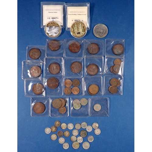 570 - A small collection of British coins to include silver content three pence coins x 19 and six pence x... 