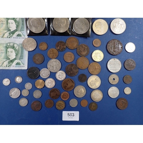 583 - A cash tin of British coins including silver content 46g, Victoria 1887 one shilling x 2, threepence... 