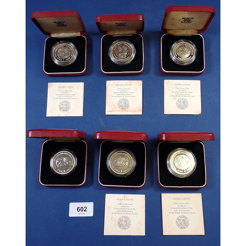 602 - Six Sierra Leone silver 1 Leone coins 1974, each cased, five with COA, 28.28g per coin