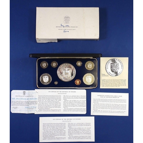 605 - A Republic of Panama nine coin proof set 1976 including 1 Balboa, 5 Balboas and 20 Balboas in sterli... 