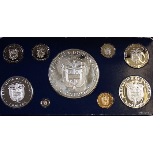 605 - A Republic of Panama nine coin proof set 1976 including 1 Balboa, 5 Balboas and 20 Balboas in sterli... 