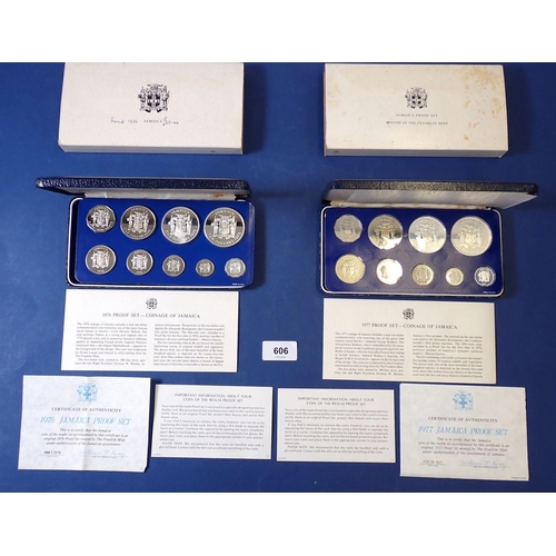 606 - Two Jamaica nine coin proof sets 1976 and 1977 including 10 dollars in sterling silver and 5 dollars... 