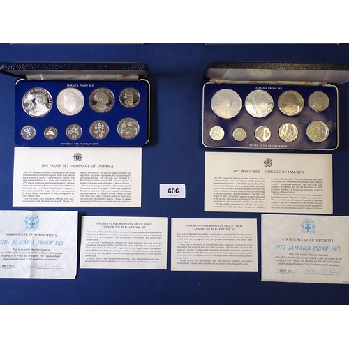 606 - Two Jamaica nine coin proof sets 1976 and 1977 including 10 dollars in sterling silver and 5 dollars... 