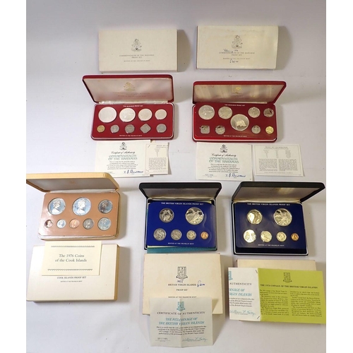 607 - Five Franklin Mint proof coin sets including Cook Islands 1976  eight coin set, 5 dollars .500 fine ... 